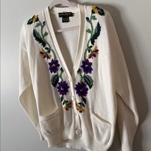 Vintage 80s 90s Embroidered Floral Shoulder Pad Knit Cardigan AS IS